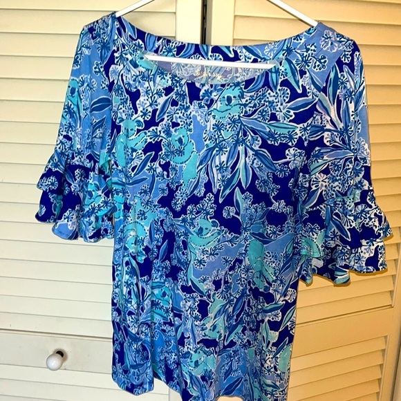 Lilly Pulitzer Tops - Lily Pulitzer blue purple ruffle sleeve top koala pattern S NWOT